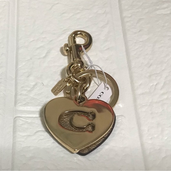 Coach Signature Hearts Key Ring Bag Charm Purse Keychain Gold / Khaki - Picture 3 of 5